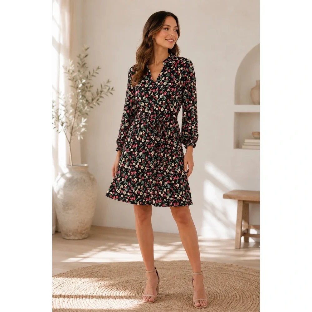 Draper James RSVP Floral Dress Women's Small Black V-Neck 3/4 Sleeve Rayon